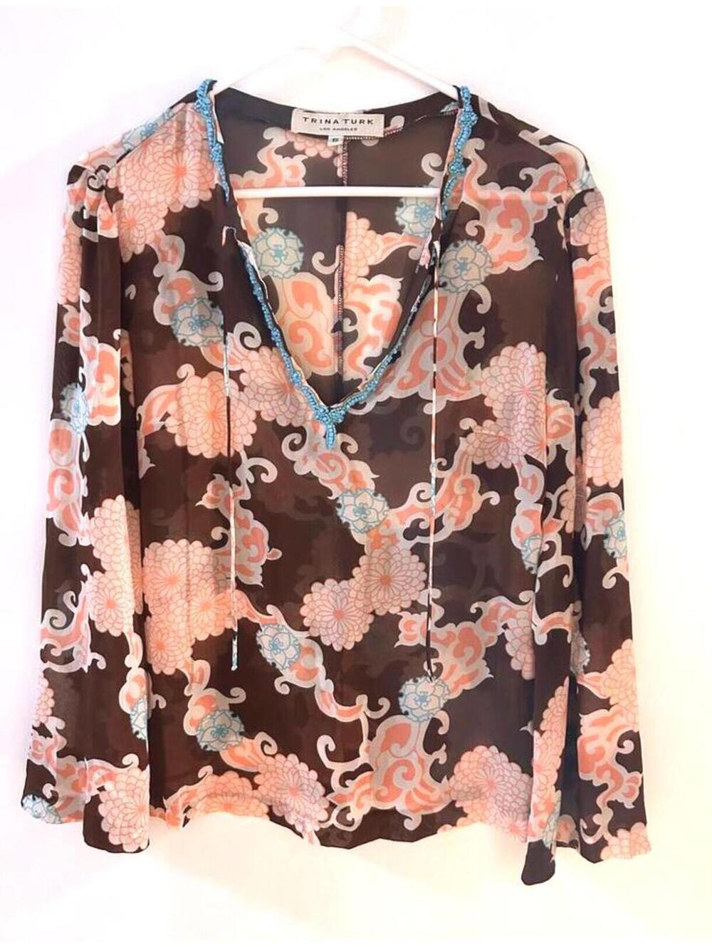 Trina Turk Floral Pattern Sheer Blouse Size Small